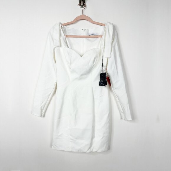 NWT Mac Duggal Bow Shoulder Long Sleeve Sweetheart Fitted Mini Dress White #9866 - Picture 3 of 8